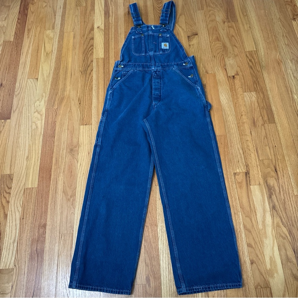 VTG Carhartt Denim Bib Overalls 32x30 R07DST Darkstone Union Made In USA Y2K